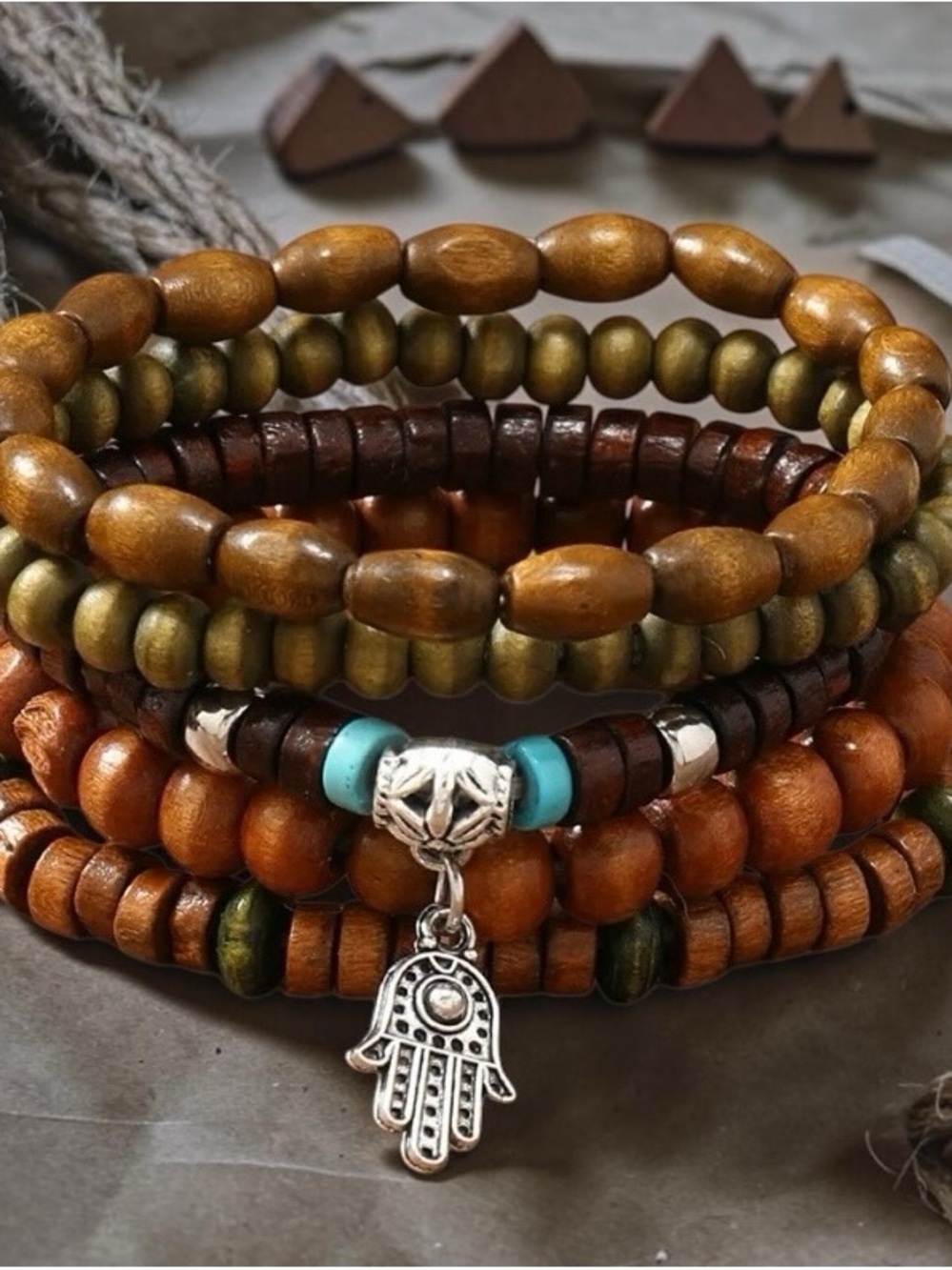 Boho Multi-Strand Wooden Bead Bracelet with Hamsa Charm - Brown & Turquoise